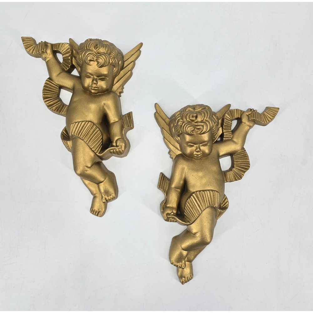 Vintage 1971 Burwood Gold Cherub Wall Plaques Set of 2 Angel Hollywood Regency